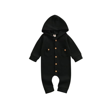 

Baby Solid Color Romper Long Sleeve Hooded Jumpsuit with Pockets