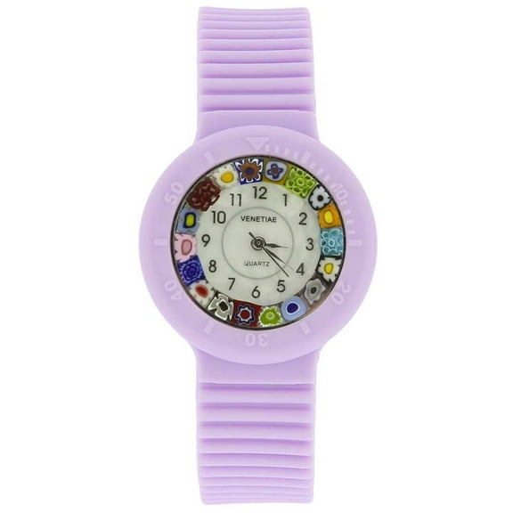 GlassOfVenice Murano Glass Millefiori Watch with Rubber Band - Lavender