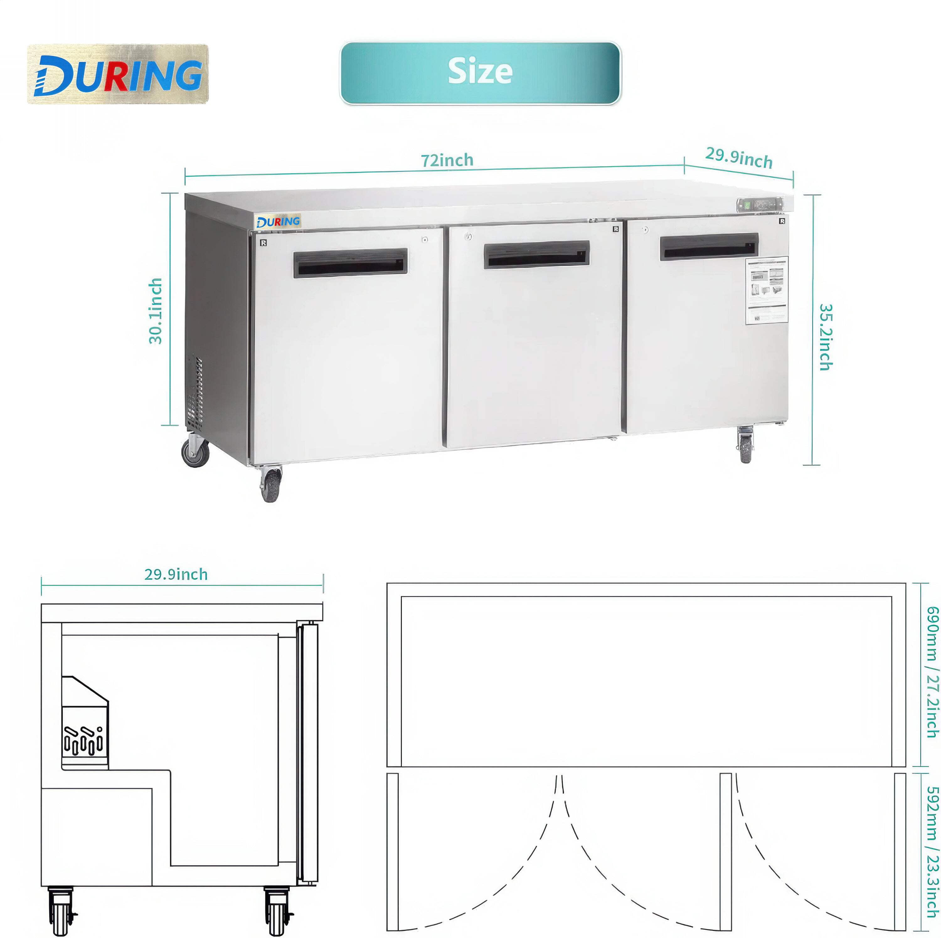 DURING D-KTF-72B 72" Three Door 17.7 cu ft tainless Steel Worktop Freezer