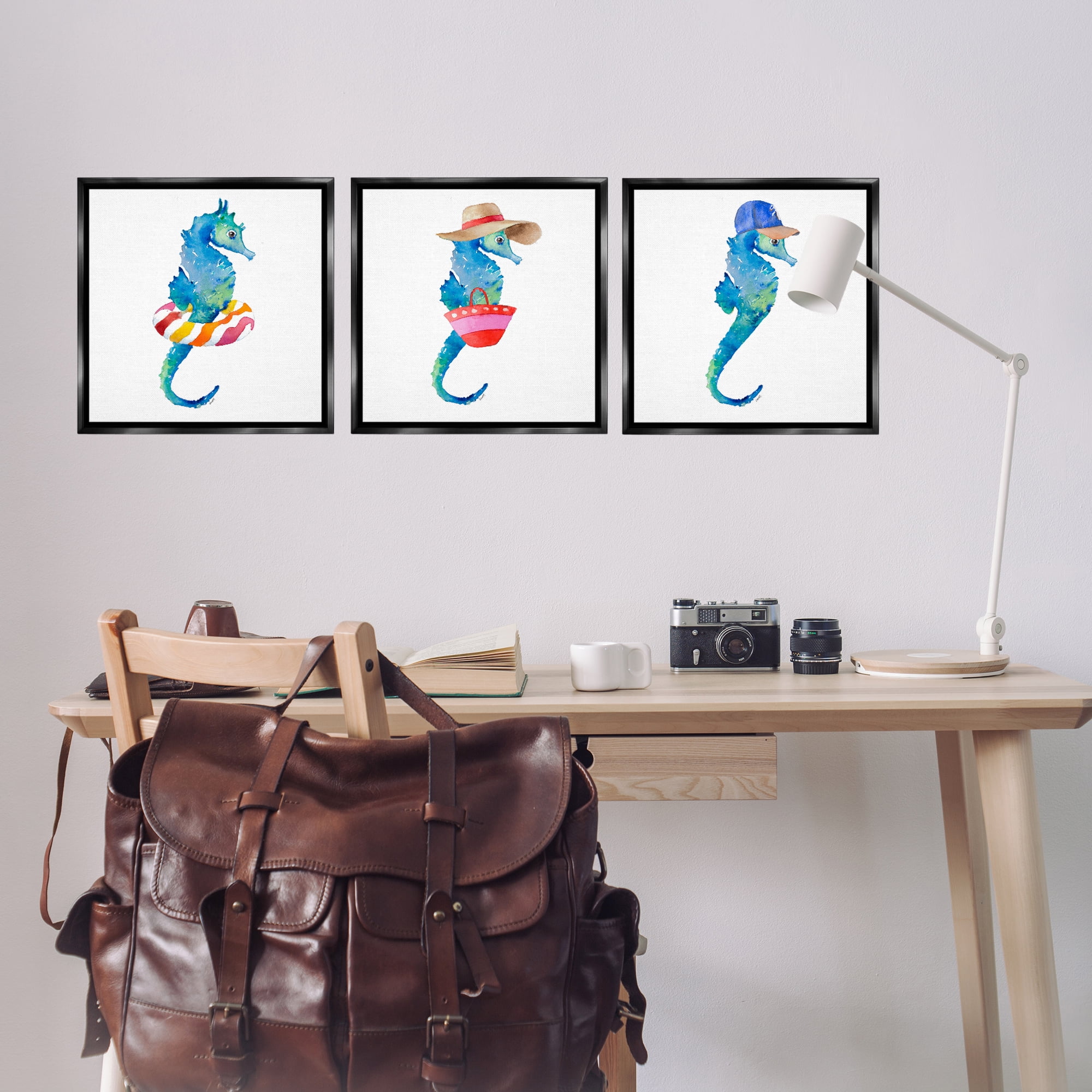 Stupell Industries Fun Beach Ready Seahorses Nautical & Beach Painting Black Floater Framed Canvas Art Print Wall Art, 18 x 18, Set of 3