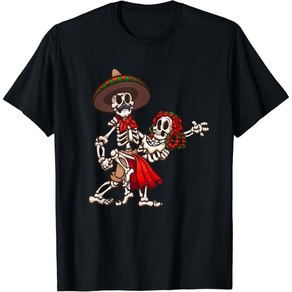 Sam Soft Couple Mexican Floral Skeletons Dancers Dia De Los Muertos T-Shirt