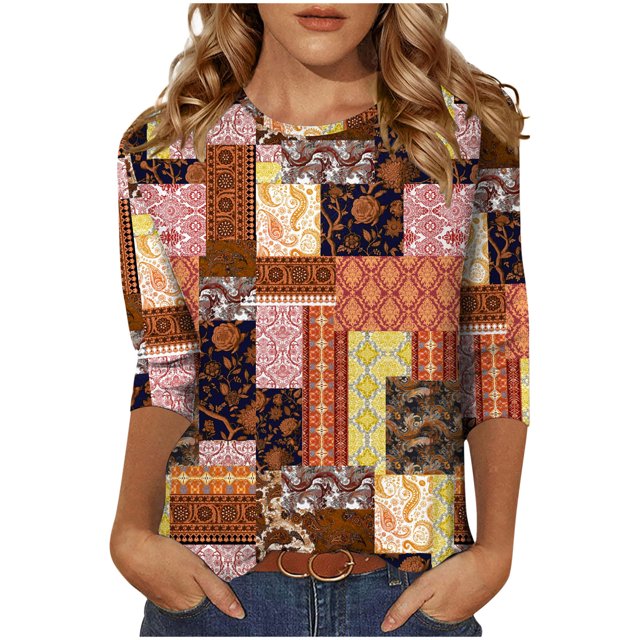 T-shirts pour Femmes Tendance Manches 3/4 Tee-Shirts Col Rond Blouses Décontractées Imprimé Floral Chandail Tops