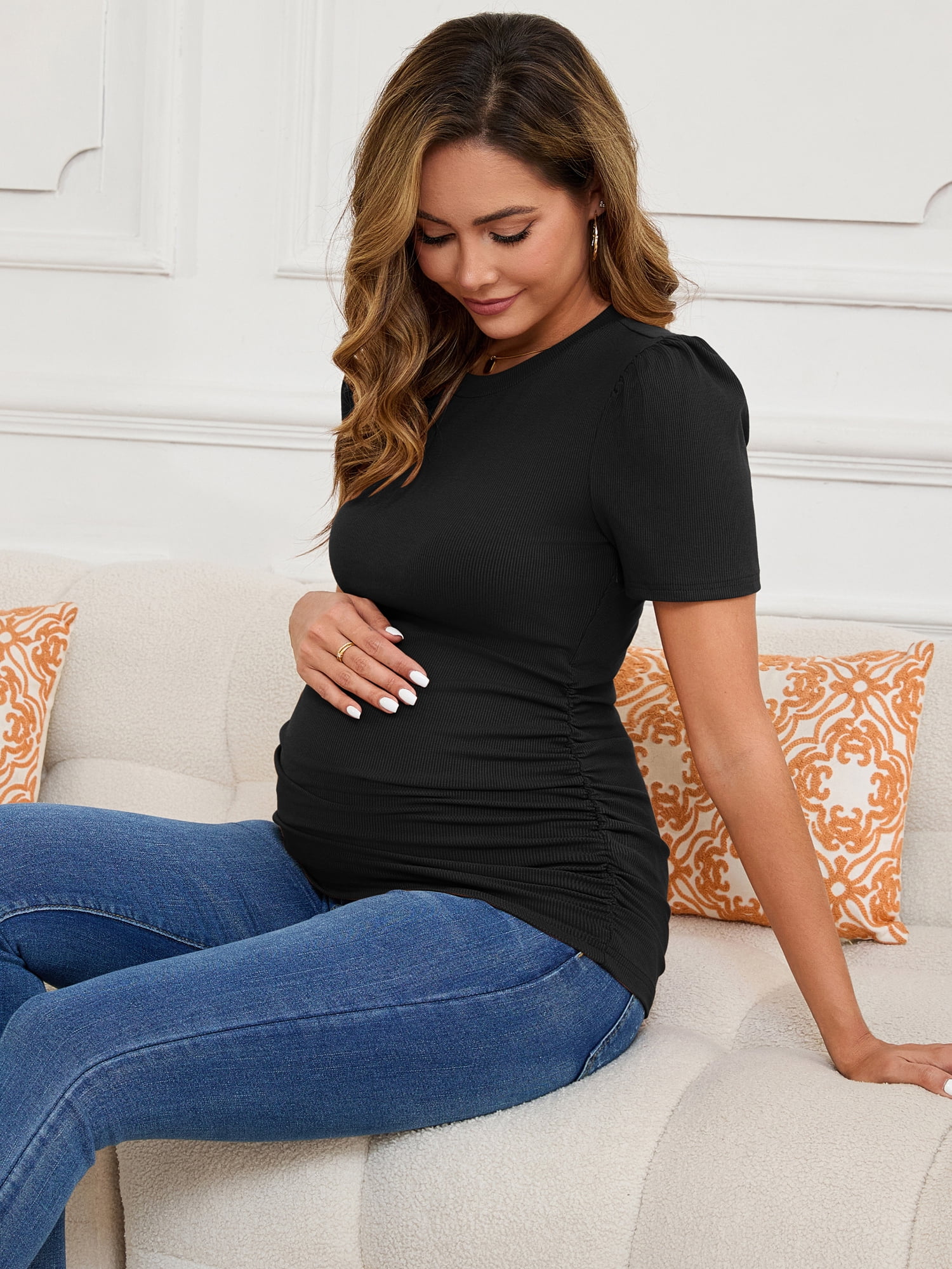 DARING DIVA Women's Short Sleeve Side Ruched Knit Puff Maternity Blouses M Black