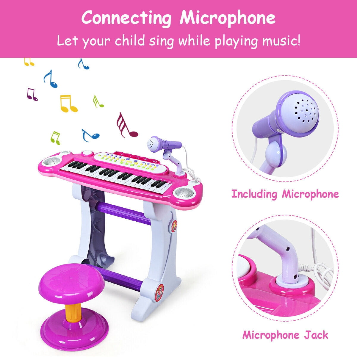 Costway 37 Key Electronic Keyboard Kids Toy Piano MP3 Input with Microphone and Stool Pink