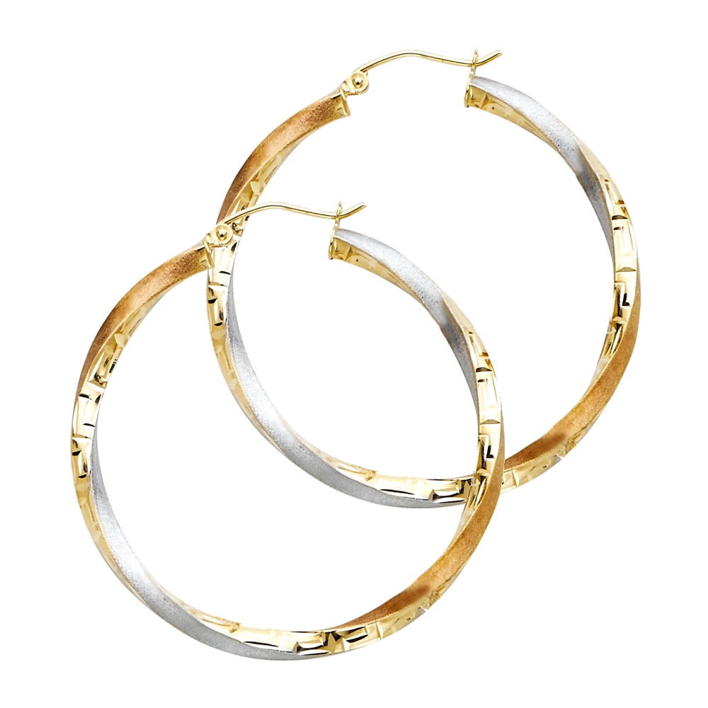 14k TriColor Gold Swirl Fancy Hoop Earrings (40mm)