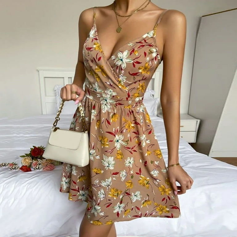 Capreze Women Summer Beach Sundress V Neck Slip Dress Spaghetti Straps Long  Maxi Dresses Casual Sleeveless LQ479-lv XL 