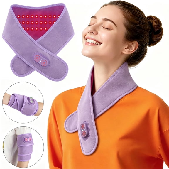 Cordless Heating Pad for Neck and Shoulders, Rechargeable Electric Heated Neck Wrap with 3 Heat Settings & 3 Vibration Levels, 36 LED Lights, Portable Neck Warmer for Home Travel Use (Purple)
