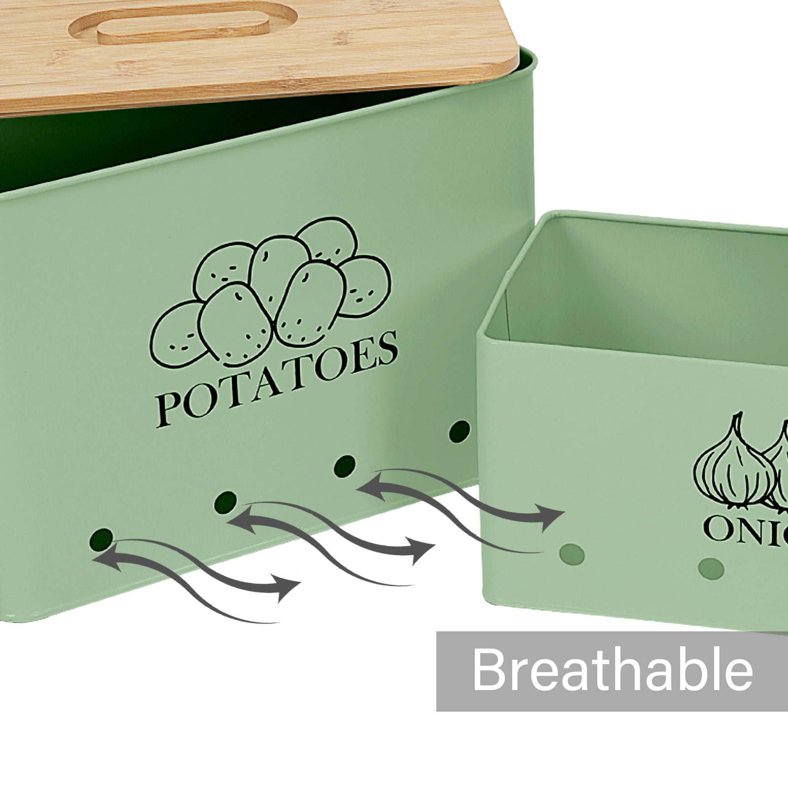 Pethiy Kitchen Vegetable Storage,Metal Onion and Potato Canisters with Wooden Lid,Storage Containers with Ventilated Holes for Freshness,2 Pack,Green