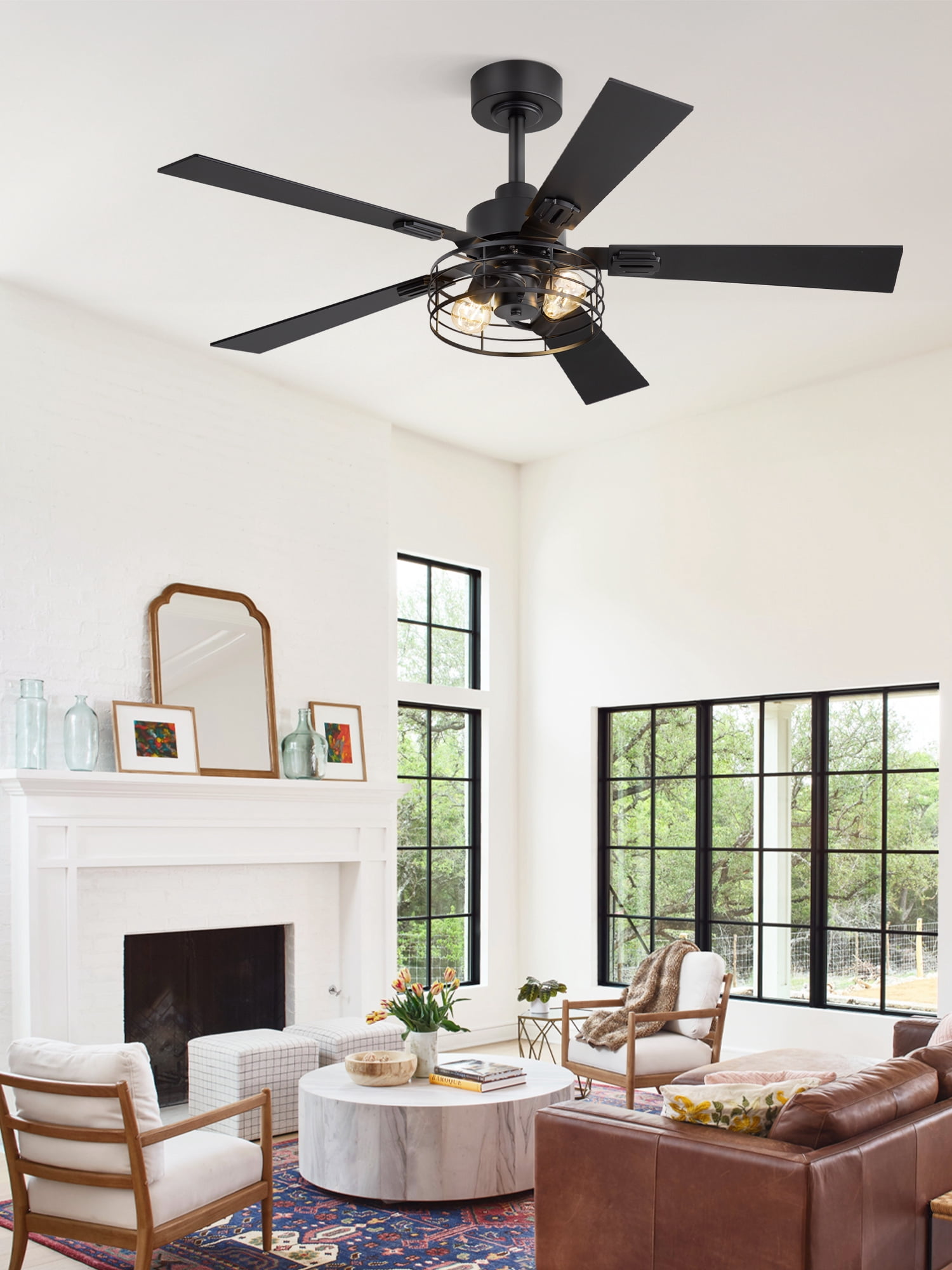 Lokivas 48" 2 Pack Caged Farmhouse Ceiling Fan with Lights, 6-Speed Reversible DC Motor, Double-Sided Blades, Black
