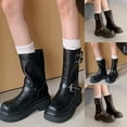 thumbnail image 2 of Womens Leather Riding Boots Trendy Buckle Strap Punk Platform Motorcycle Booties Round Toe Slip on Fold Over Mid Calf Boots, 2 of 8