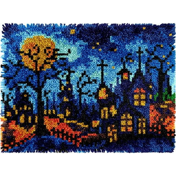DIY Latch Hook Rug Kits Spooky Halloween Castle DIY Cushion Tapestry Making Crochet Hooking Mat Making Kits With Printed Pattern Canvas DIY Carpet Needlework Kits of Home Decor 52x38cm (f100)