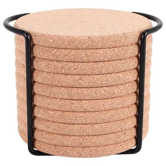 Round Cork Coasters for Drinks,with Metal Holder Storage ,Reusable Saucers for Cold Drinks Wine Glasses Cup