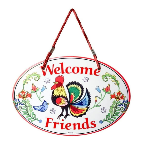 Oktoberfest Haus Multicolor Ceramic "Welcome Friends" Rooster Decorative Door Signs for Home Decor