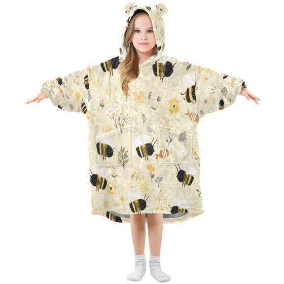 Wearable Blanket with Sleeves and Pocket Oversized Hooded Sweatshirt 3-14 YR Cute Bees and Honeycomb Pattern S