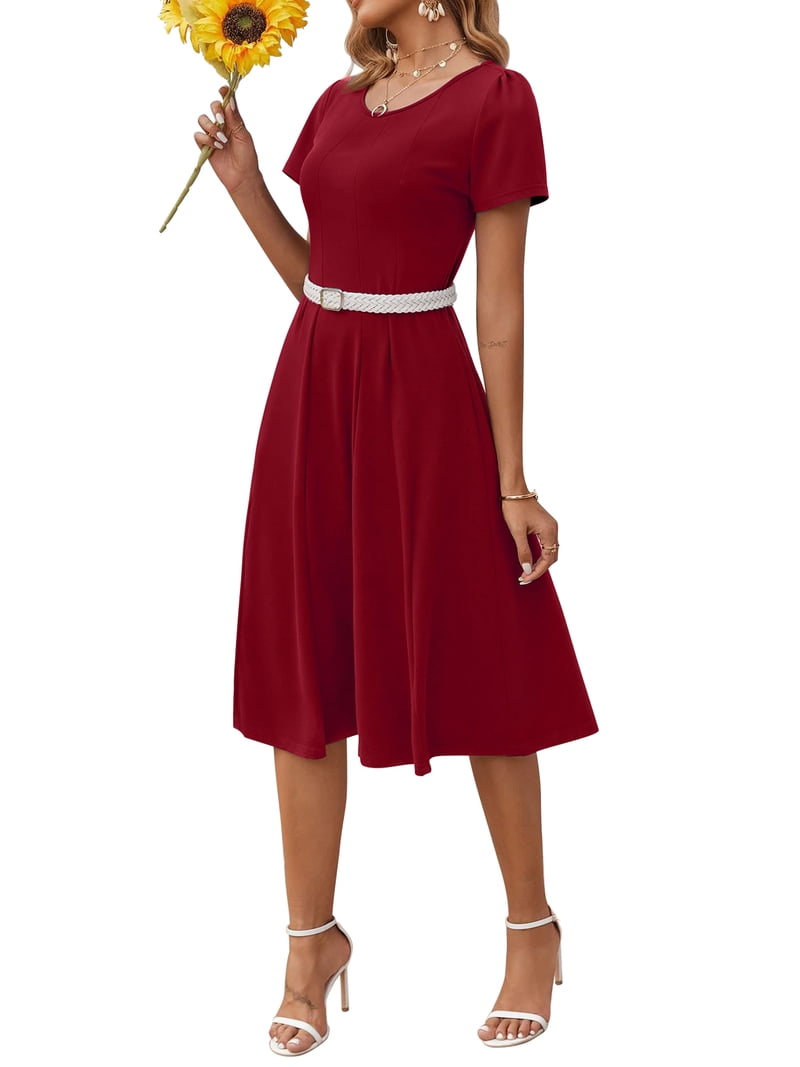 Fantaslook Summer Dresses for Women Casual Short Sleeve Pleated Dress Flowy Floral Dress with Pockets Flare Midi Sundress