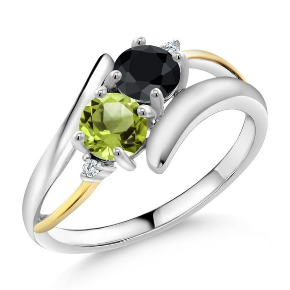 Gem Stone King 1.26 Ct Round Black Sapphire Green Peridot 925 Silver and 10K Yellow Gold Lab Grown Diamond Two Stone Crossover Ring (Size 9)