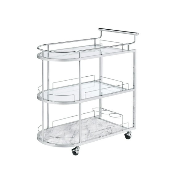 Serving Cart with Oval Shape and Metal Bar Handle Silver