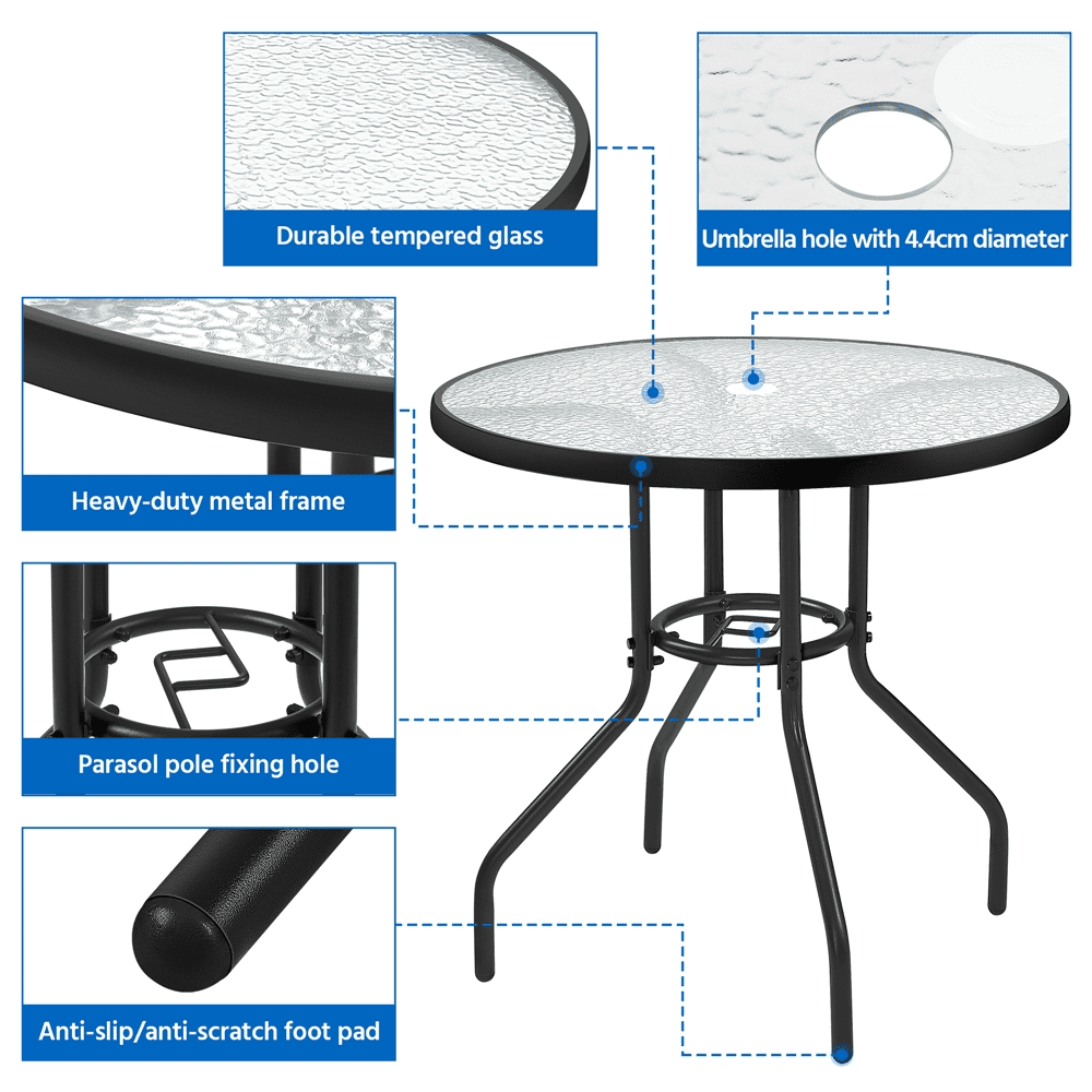Alden Design 31.5" Round Patio Bistro Coffee Table with Tempered Glass Top for Balcony Garden, Black