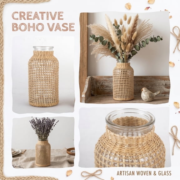 Boho Wrapped Glass Flower Vase, Glass Vase for Flowers, Boho Decor for Living Room, Rustic Farmhouse Decor, 7X3 Inch Woven Rattan Glass Container for Dried Flower Arrangement,