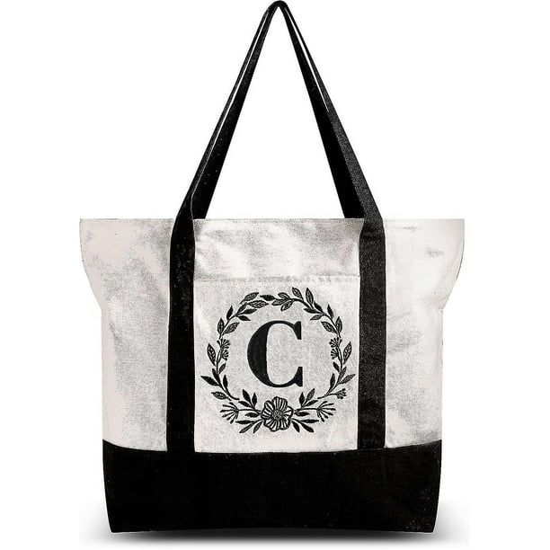 Initial Canvas Tote Bag With Zipper Pocket Embroidery Monogrammed