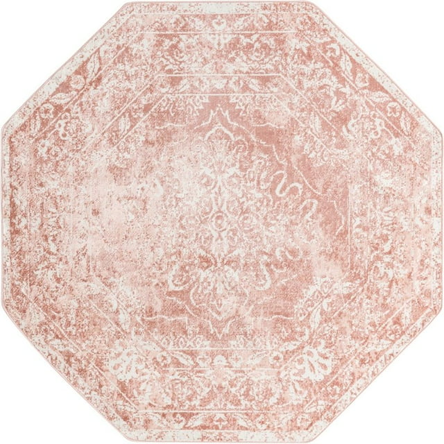 Unique Loom Oxford Medallion Intricate Design Rug 7' x 7' Octagon Pink/Ivory