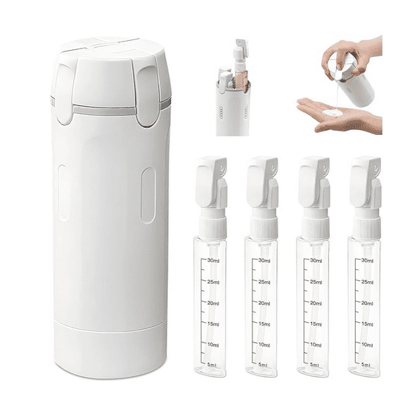 Jademall 4-in-1 Portable Refillable Travel Bottle Dispenser, Leak-Proof Toiletry Containers with 4 x 30ml Pump Bottles for Shampoo, Lotion & Cosmetics