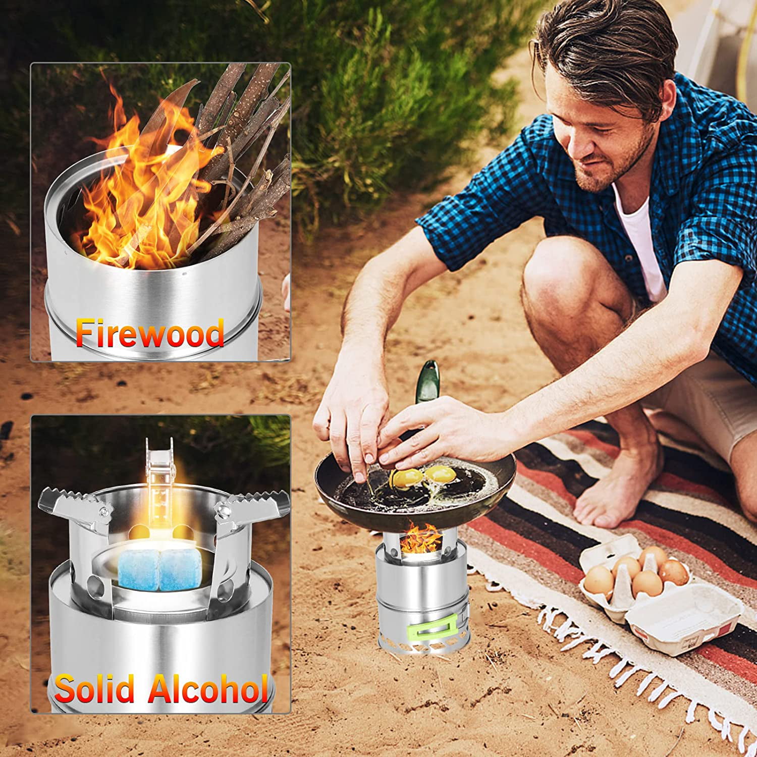 KORAMAN Portable Folding Wood Burning Camp Stove with Grill - Lightweight  Stainless Steel Outdoor Cooking Stove for Backpacking, BBQ, and Picnic - Dur