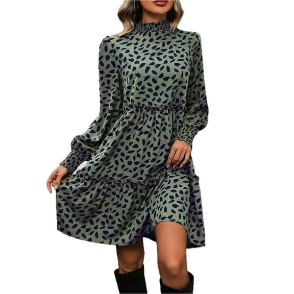 Women's Frill Printed Mock Neck Long Sleeve Mini Dress Tied Frill Sheer with Opaque Body Not Lined 100% Polyester