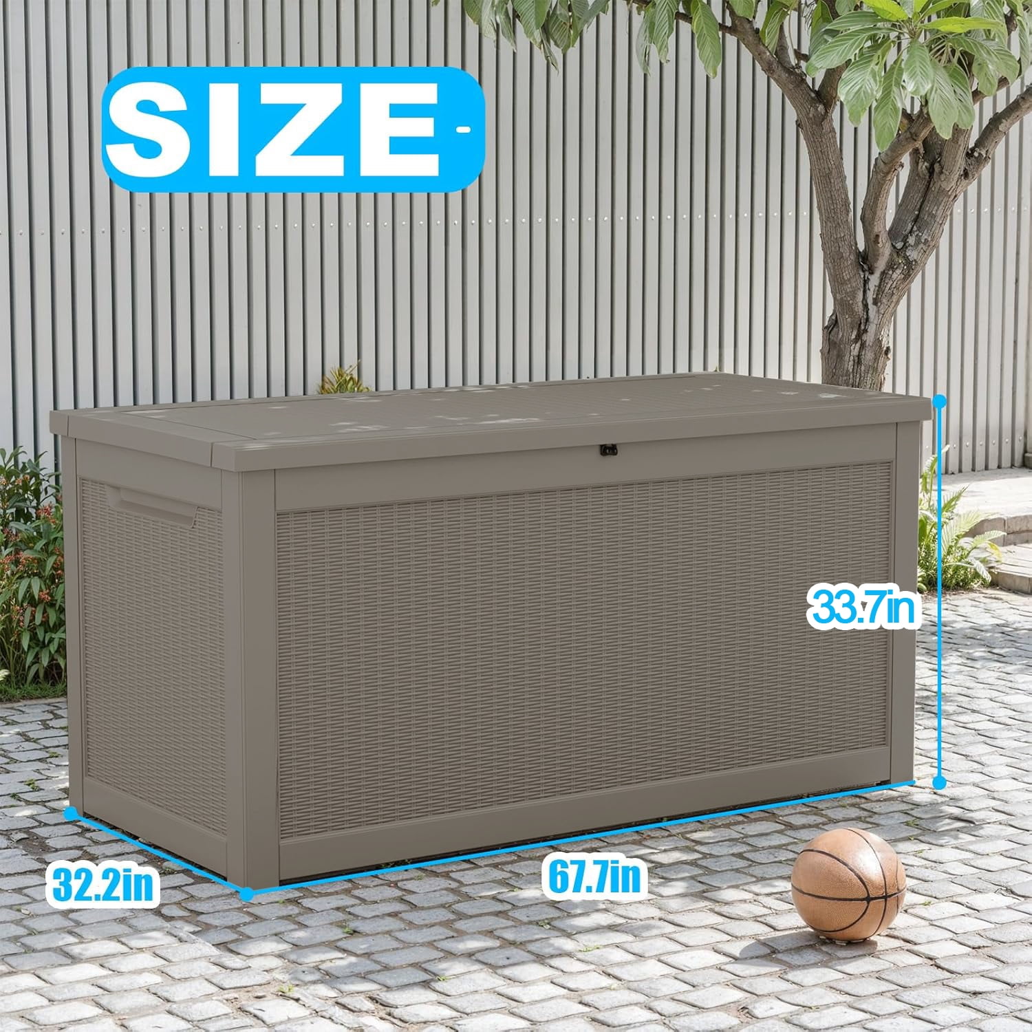 Miniyam 260 Gallon Resin Deck Box, Outdoor Storage Box, Gardening Tools, Lockable, Waterproof, Light Coffee