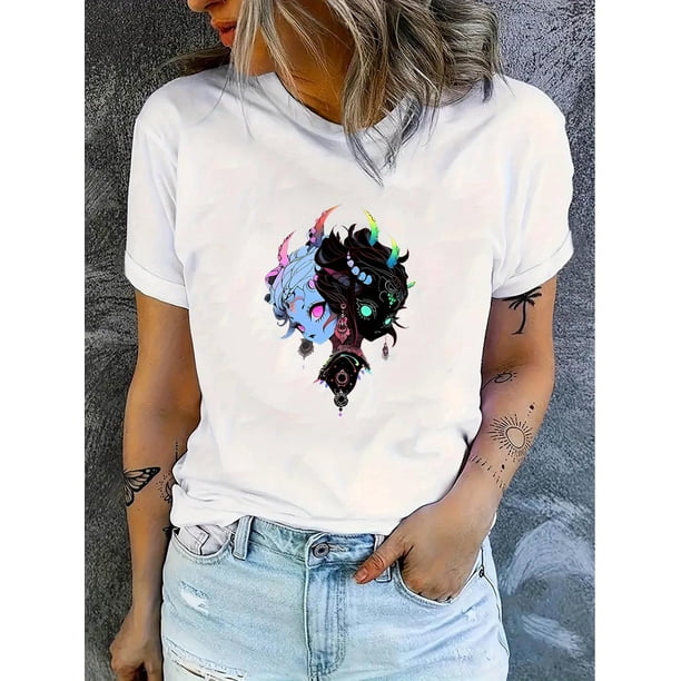 1pc Women's Casual Graphic Tee, Polyester Round Neck Short Sleeve T-Shirt with Abstract Demon Girl Print, Comfortable Knit Fabric, All-Season Fashion Top