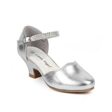 Avenue Mary Janes - Little Angel DB66 Metallic Round Toe Rhinestone Mary Jane Kitten Heel Pump (Toddler/ Little Girl/ Big Girl)