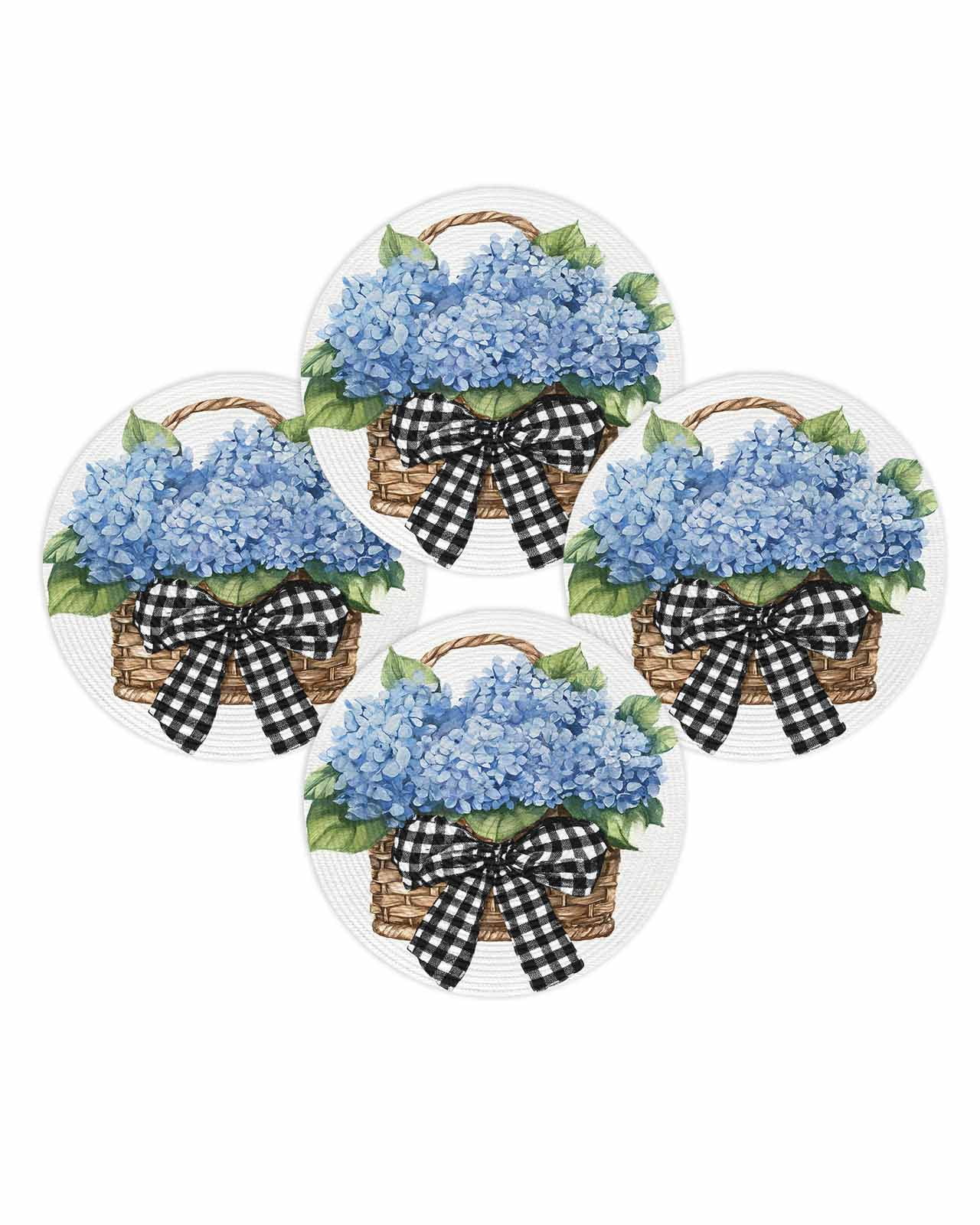 13 Inch Round Placemats Set of 4, Blue Hydrangea Flower Non Slip Heat Insulation PP Table Mats, Spring Summer Black White Bow Floral Washable Place Mats for Kitchen Dining Party Table Decor