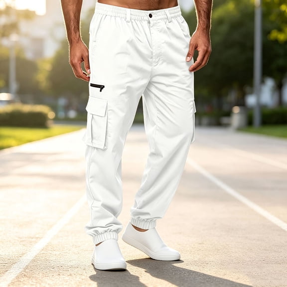 Cargo Sweatpants for Men with Cuffed Hem Elastic Waist with Button Trousers Loose Fit Casual Jogger Outdoor Pants
