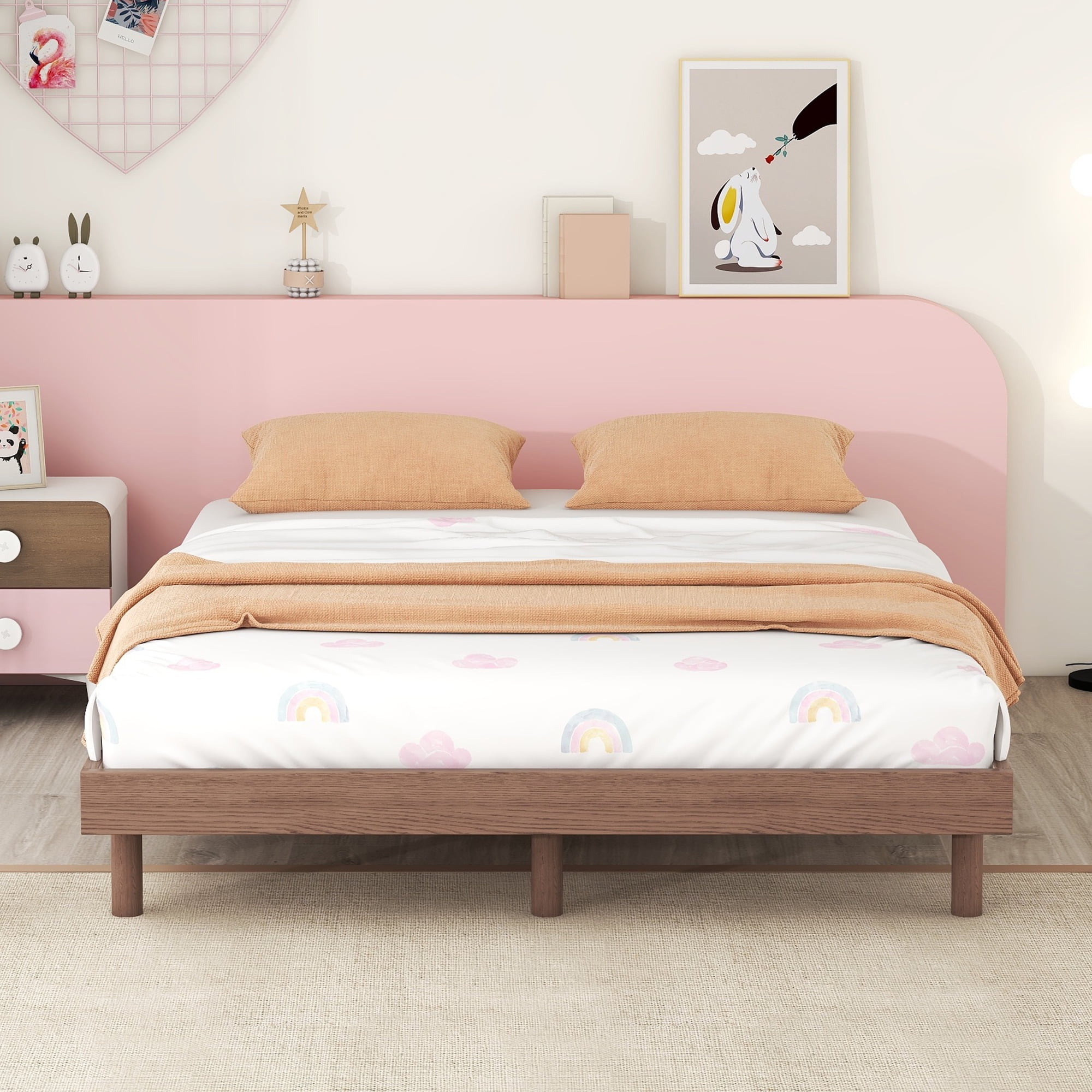 Miniyam Full Platform Bed , Low Profile Wooden Bed with Slats, No Box Spring Needed, Modern Design for Teen, Walnut