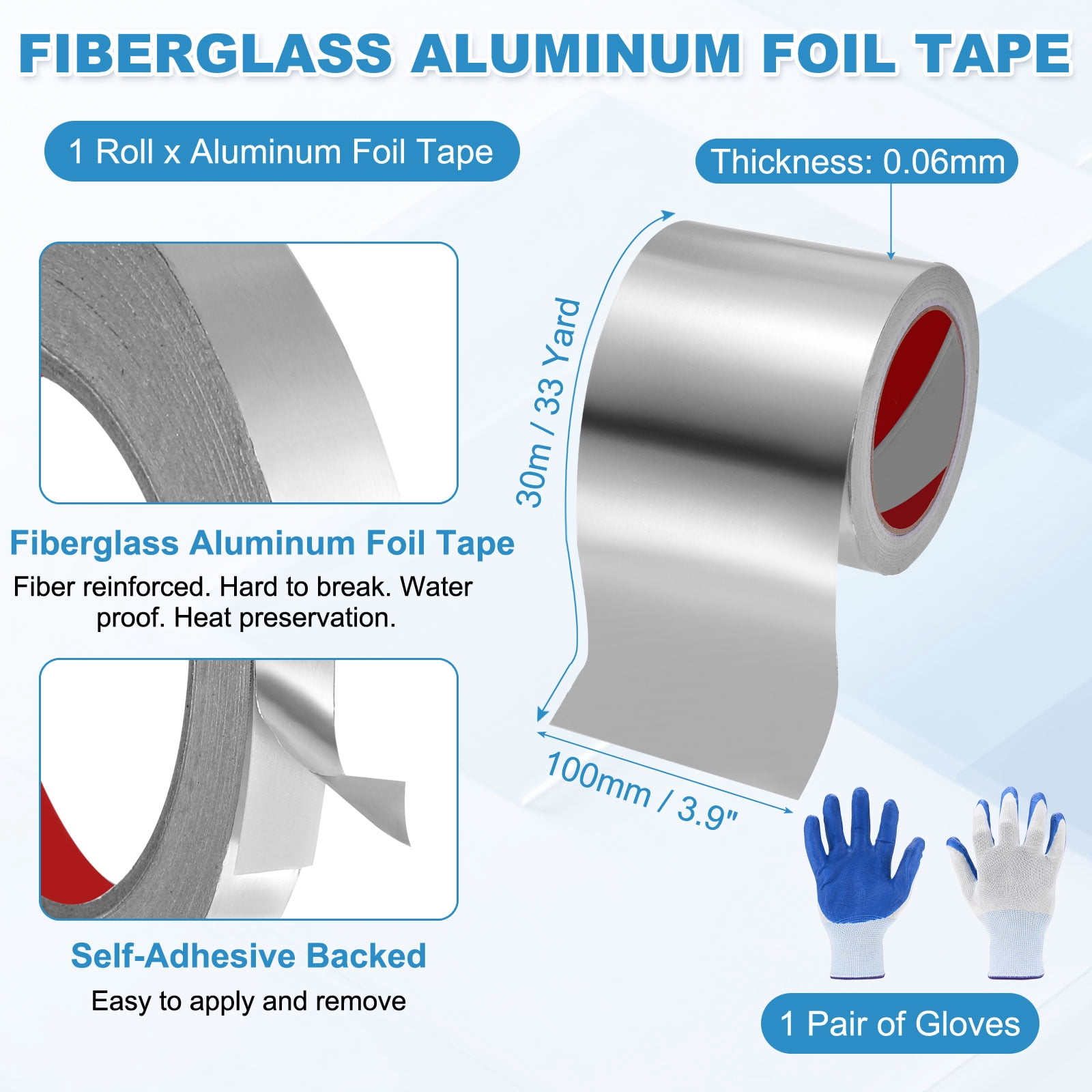 Uxcell 1 Pack Aluminum Foil Tape, 98 Ft x3.9inx2.4mil Heavy Duty HVAC Tape Metal Duct Tapes Heat Resistant Tape Insulation Tapes with Gloves for Air Ductwork, Dryer Vent, HVAC Sealing