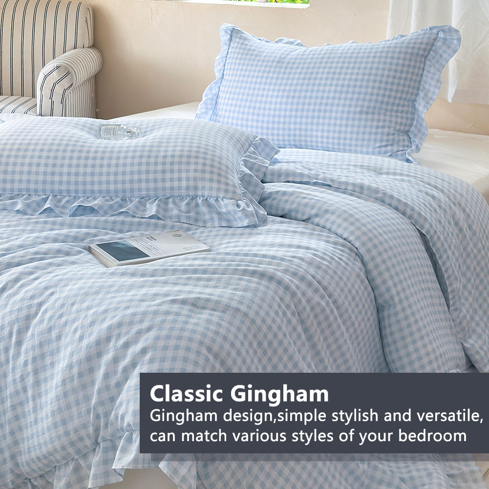 Light Blue Gingham Ruffle Queen Comforter Set, Blue Ruffled Plaid Bedding Set, Ruffled Checked Bed Comforter 3 Pieces(Light Blue Gingham, Queen)