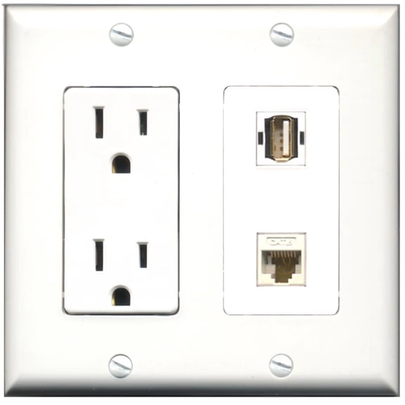 Ultra Spec Cables 15 Amp Power Outlet 1 Port USB A-A 1 Port Cat6 Wall Plate