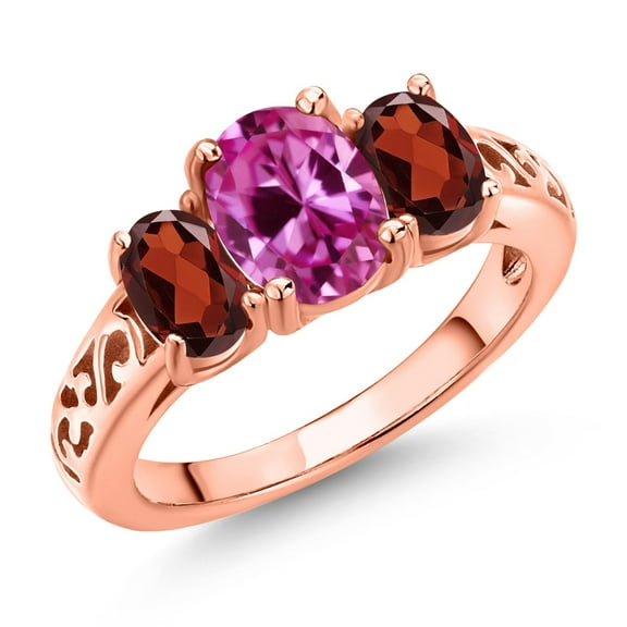 Gem Stone King 18K Rose Gold Plated Silver Pink Created Sapphire and Red Garnet Filigree Style 3 Stone Ring for Women (2.79 Cttw, Oval 8X6MM and 6X4MM) (Size 6)
