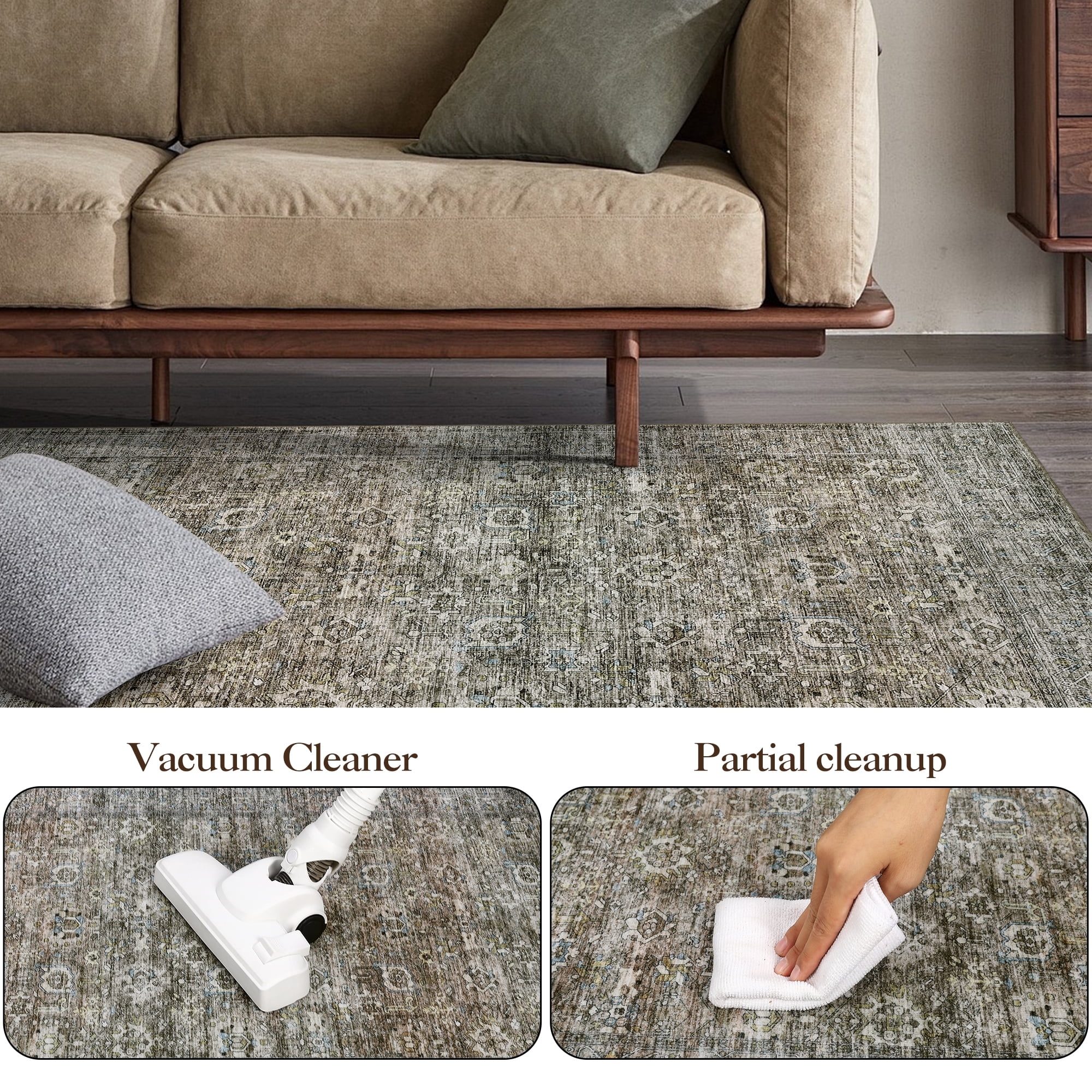FairOnly 5'x7'Green Machine Washable Area Rugs for Living Room Vintage Stain-Resistant Rugs for Kitchen Dining Room Ultra-Thin Rugs