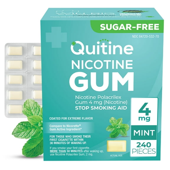 Quitine Nicotine Gum 4mg Mint, 240 Count, Stop Smoking Aid
