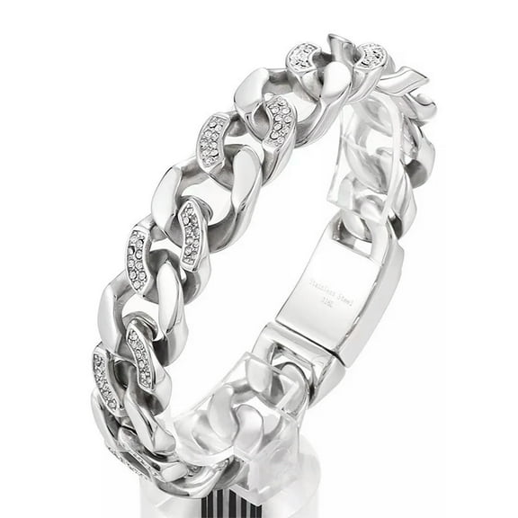 HOOUN 17mm 8.6'' Zircon Cuban Chain Link Bracelet Stainless Steel Bling For Women Mens