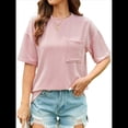 thumbnail image 3 of Blusa de Verano de Corta para Mujer, Estilo Túnica Básica Informal con Cuello Redondo Texturizado y Gran Tamaño Rosa L, 3 of 10
