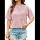 thumbnail image 3 of Blusa de Verano de Corta para Mujer, Estilo Túnica Básica Informal con Cuello Redondo Texturizado y Gran Tamaño Rosa XXL, 3 of 10