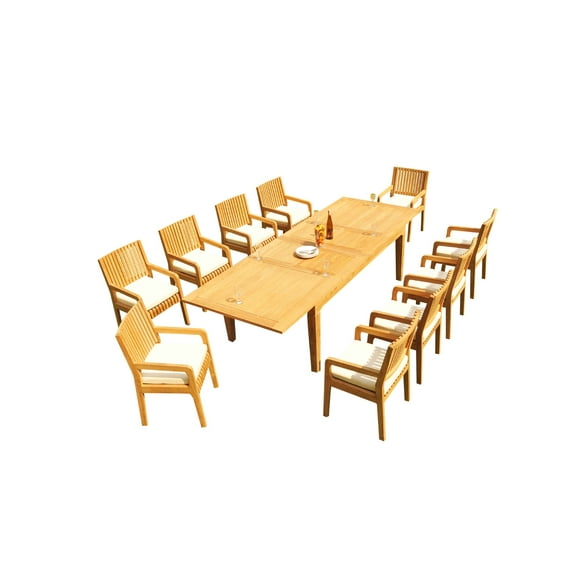 Grade-A Teak Dining Set: 12 Seater 13 Pc: 122" Caranas Rectangle Table And 12 Maldives Arm Chairs Outdoor Patio WholesaleTeak #51ML2913