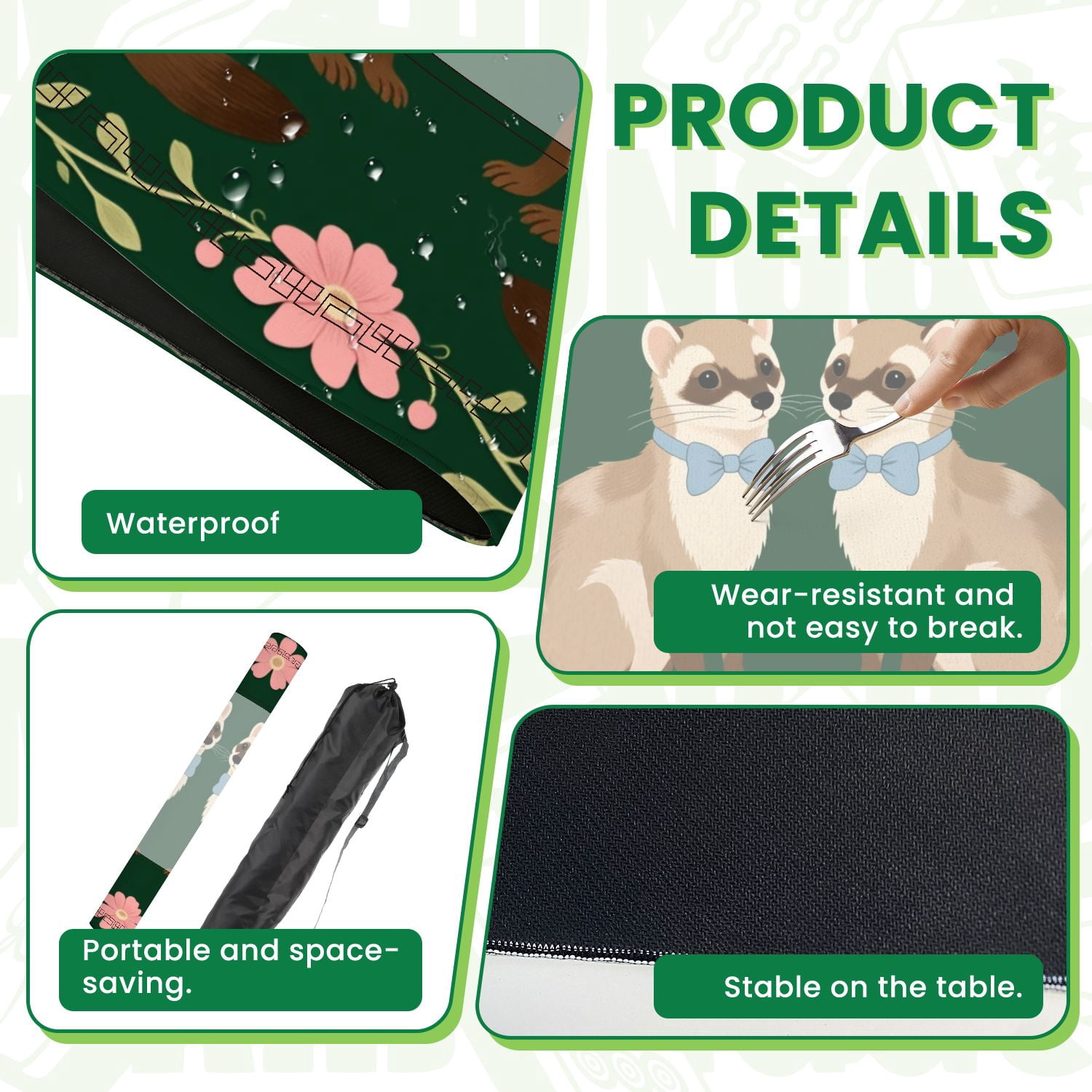 Mahjong Mat 31.5" x 31.5" Two Ferrets Blue Bows Surrounded by Pink Flowers Green Non-Slip Noise Reduction American Mahjong Tiles Table Cover for Dominoes Poker Card Board Games Gift