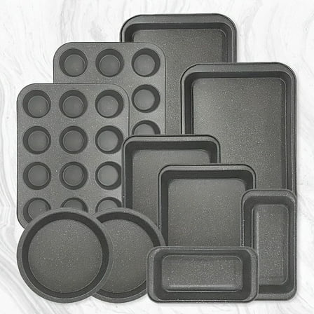 10-Piece Nonstick Bakeware Set - Round/Square Cake, Muffin, Loaf & Cookie Pans, Oven-Safe Gray Baking Sheets