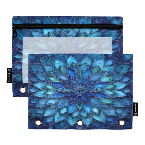 2 Pack 3 Ring Binder Pouch with Clear PVC Window Water Resistant Zipper Pencil Pouch Blue Glass Feathers Pattern Binder Pocket for Classroom Office Home Stationery Organization
