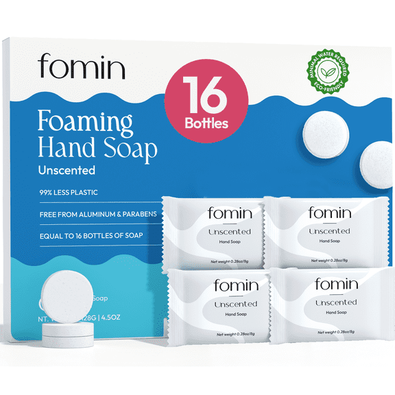 FOMIN Foaming Hand Soap Refills (16 Pack) - Fragrance-Free Foaming Hand Soap Tablets - Skin Friendly Foam Soap Refill for Hand Wash - Makes 128 fl oz (16 x 8 fl oz)