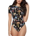 thumbnail image 2 of Uemuo Mushrooms and Autumn Leaves Pattern Women's One Piece Short Sleeve Swimsuit Rash Guard Surfing Modest Quick-drying Swimsuit Beach Essentials-, 2 of 9