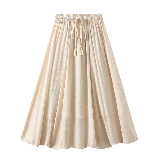 Faldas Umfun para mujer, informales, de lino liso, elásticas, de cintura alta, plisadas, con lazo, midi, modernas, informales, versátiles, color beige, talla única